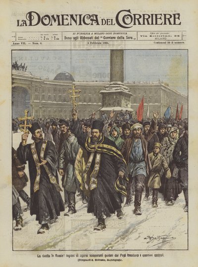 Der Aufstand in Russland, Legionen von streikenden Arbeitern, angeführt von Priestern, dringen in die zentralen Viertel ein von Achille Beltrame