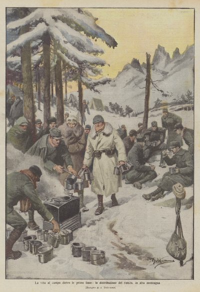Das Leben im Lager hinter den vordersten Linien, die Verteilung der Verpflegung in den hohen Bergen von Achille Beltrame