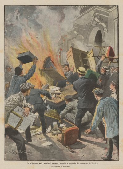 Die Unruhen der französischen Winzer, Angriff und Brand des Rathauses von Beziers von Achille Beltrame