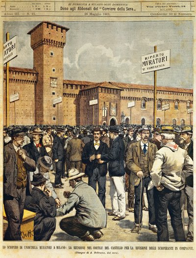 Großstreik der Bauarbeiter in Mailand: Öffentliche Versammlung im großen Innenhof des Sforza-Schlosses von Achille Beltrame