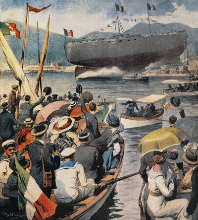 Stapellauf des Schlachtschiffs Andrea Doria aus dem Arsenale in La Spezia, Tafel von Achille Beltrame (1871-1945), La Domenica del Corriere, 6. April von Achille Beltrame