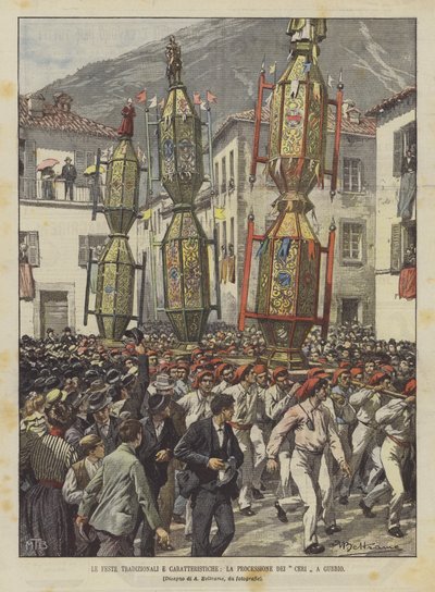 Die traditionellen und charakteristischen Feste, die Prozession der Kerzen in Gubbio von Achille Beltrame