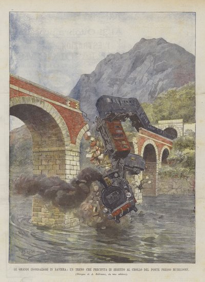 Die großen Überschwemmungen in Bayern, ein Zug stürzt nach dem Einsturz der Brücke bei Mühldorf ab von Achille Beltrame