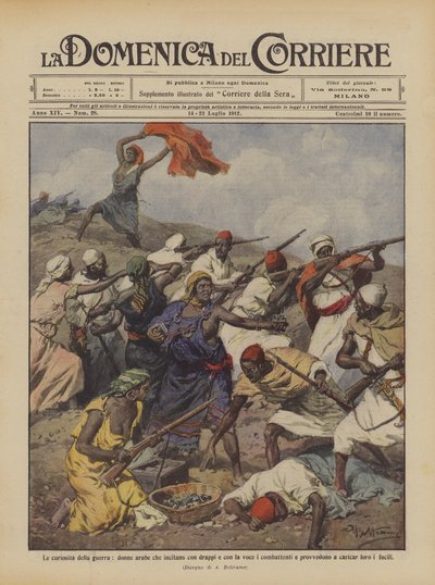 Die Kuriositäten des Krieges, arabische Frauen, die die Kämpfer mit Tüchern und Stimmen anfeuern von Achille Beltrame