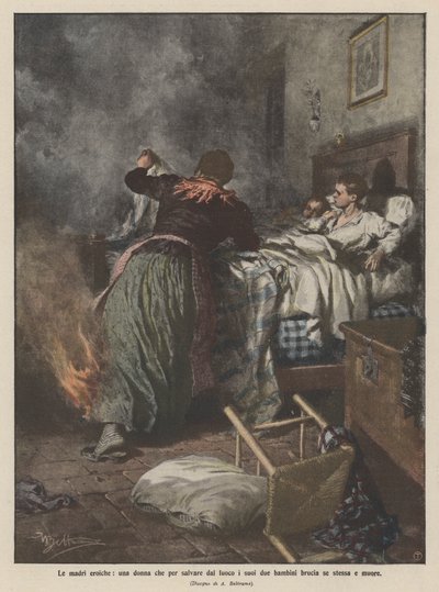 Die heldenhaften Mütter, eine Frau, die sich selbst verbrennt, um ihre beiden Kinder vor dem Feuer zu retten und stirbt von Achille Beltrame