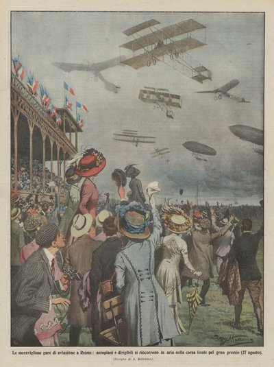 Die wunderbaren Flugwettbewerbe in Reims, Flugzeuge und Luftschiffe jagen sich in der Luft von Achille Beltrame
