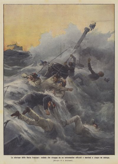 Die Unglücke der französischen Flotte, eine Welle reißt Offiziere und Matrosen von einem U-Boot und ertränkt fünf von ihnen von Achille Beltrame