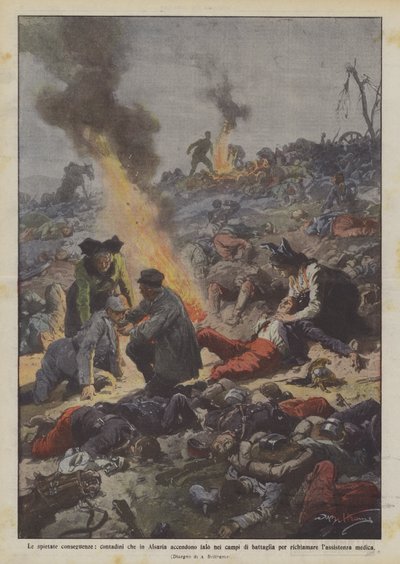 Die erbarmungslosen Folgen, Bauern in Elsass entzünden Feuer auf den Schlachtfeldern von Achille Beltrame