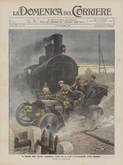 Die Tragödien der Geschwindigkeit, dramatischer Zusammenstoß zwischen einem Zug und einem Auto bei Magenta von Achille Beltrame