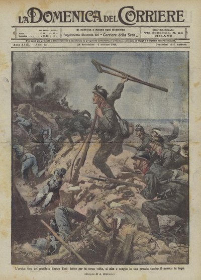 Das heldenhafte Ende des verstümmelten Enrico Toti, der sich nach der dritten Verwundung erhebt und seine von Achille Beltrame
