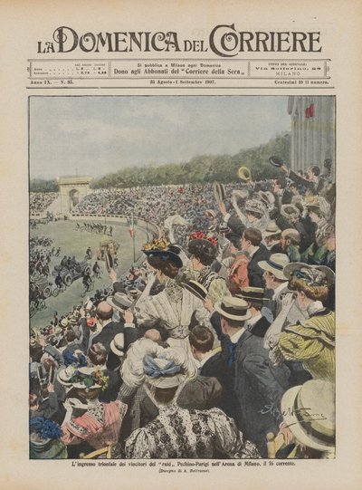 Der triumphale Einzug der Sieger des Peking-Paris-Raids in die Arena von Mailand am 16. dieses Monats von Achille Beltrame
