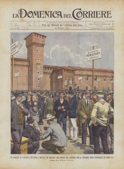 Der Streik von elftausend Maurern in Mailand, die Versammlung im Hof der Burg zur Aufteilung von Achille Beltrame