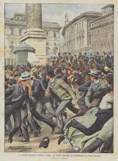 Der Generalstreik der Arbeiter in Rom, die Truppen zerstreuen die Streikenden auf der Piazza Colonna von Achille Beltrame