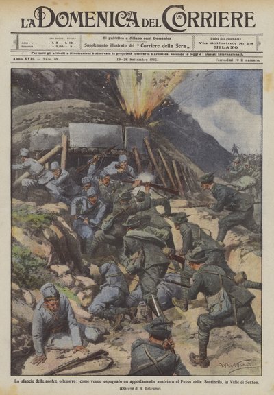 Der Schwung unserer Offensiven, wie ein österreichischer Posten am Passo della erobert wurde von Achille Beltrame