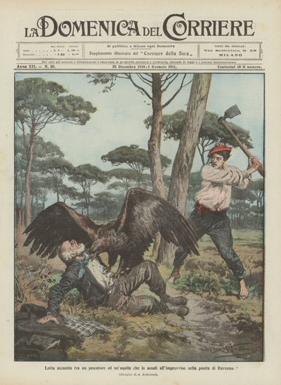 Heftiger Kampf zwischen einem Fischer und einem Adler, der ihn plötzlich im Pinienwald von Ravenna angreift von Achille Beltrame
