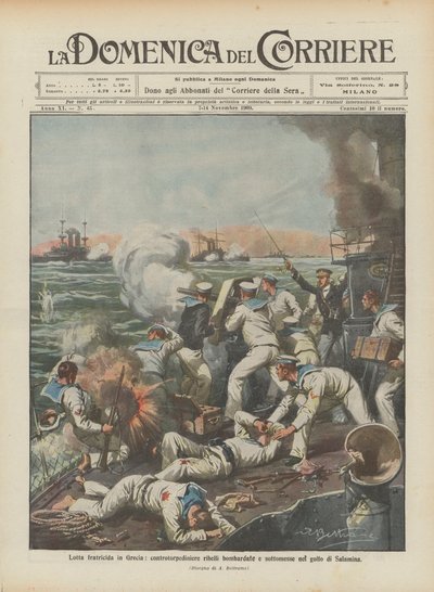 Brudermord in Griechenland, rebellische Zerstörer im Golf von Salamis bombardiert und unterworfen von Achille Beltrame