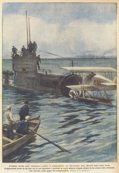 Die neueste Entwicklung im Schiffbau, das U-Boot mit Wasserflugzeug der US-Marine von Achille Beltrame