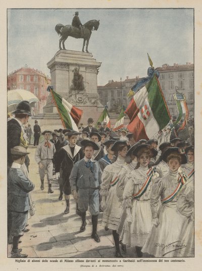 Tausende von Schülern aus Mailand marschieren vor dem Garibaldi-Denkmal von Achille Beltrame