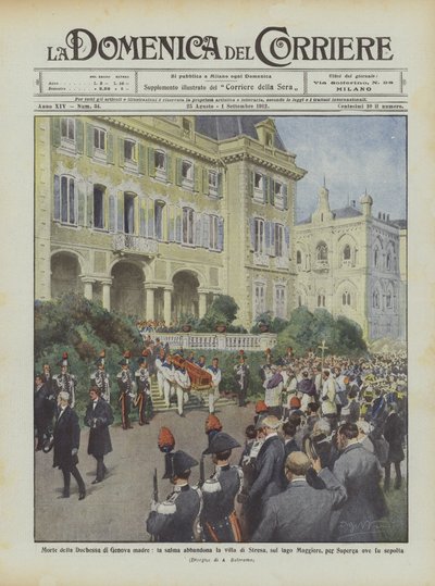 Tod der Herzogin von Genua, die Mutter, der Leichnam verlässt die Villa in Stresa am Lago Maggiore von Achille Beltrame