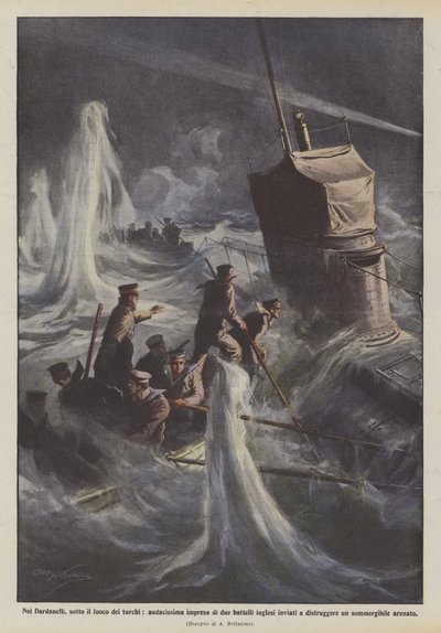 In den Dardanellen, unter türkischem Feuer, eine äußerst gewagte Unternehmung zweier englischer Boote von Achille Beltrame