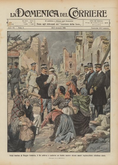 In der Marina von Reggio Calabria hebt und tröstet der König ein Kind, während einige Mütter kniend um Hilfe bitten von Achille Beltrame