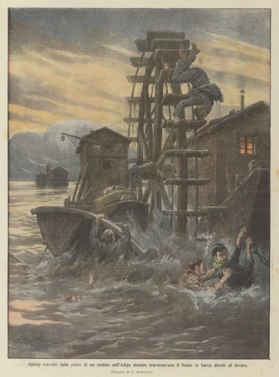 Arbeiter von den Rädern einer Mühle am Etsch überrollt, während sie den Fluss in einem Boot zur Arbeit überquerten von Achille Beltrame