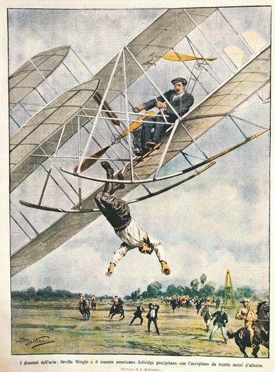 Orville Wright und Leutnant Seliridge stürzen mit Doppeldecker aus dreißig Metern, USA (Illustration) von Achille Beltrame