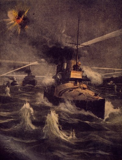 Unsere Torpedoboote wagen einen Vorstoß in die Dardanellen unter feindlichem Beschuss, Illustration von Achille Beltrame aus La Domenica del Corriere von Achille Beltrame