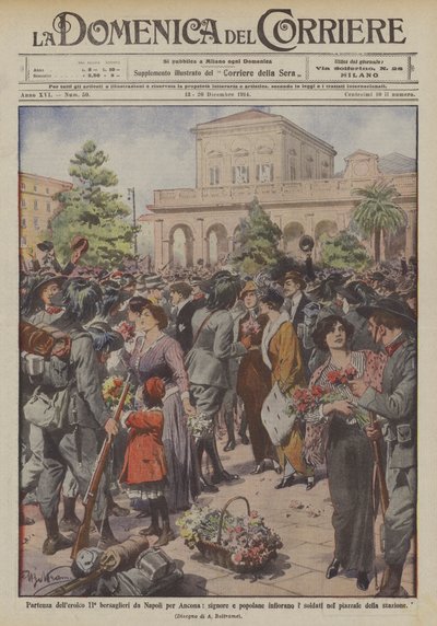 Abreise des heldenhaften II. Bersaglieri von Neapel nach Ancona, Damen und Frauen schmücken die Soldaten mit Blumen von Achille Beltrame
