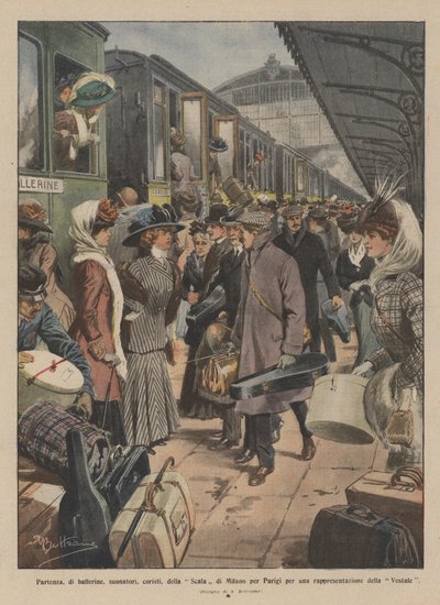 Abreise von Tänzerinnen, Musikern, Chorsängern der Scala von Mailand nach Paris für eine Aufführung der Vestalin von Achille Beltrame
