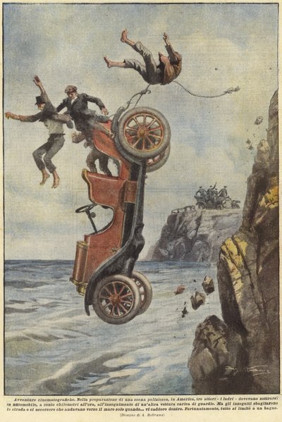 Menschen fallen, als ihr Auto einen Küstenweg verlässt von Achille Beltrame