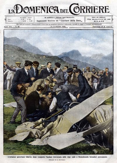 Der peruanische Flieger Chavez stürzte nach seiner waghalsigen Überquerung der Alpen in Domodossola schwer verletzt ab. Illustration von Beltrame. 2/10/1910. La Domenica del Corriere. von Achille Beltrame