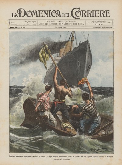 Vier spanische Schiffbrüchige, nach langen Leiden gerettet von Achille Beltrame