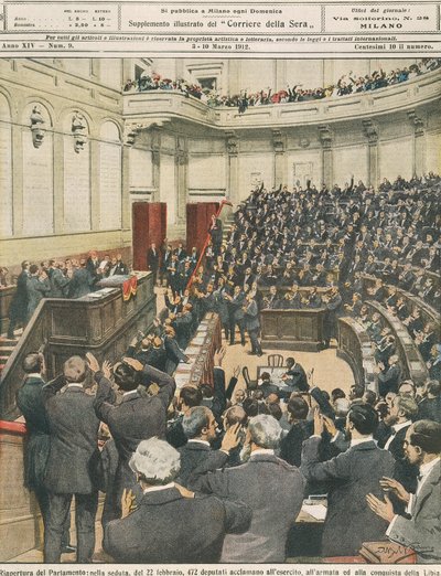 Wiedereröffnung des italienischen Parlaments am Abend des 22. Februar, Jubel der Armee nach ihrem erfolgreichen Feldzug in Libyen, von Achille Beltrame, Illustration, aus La Domenica del Corriere, 3. März 1912 von Achille Beltrame