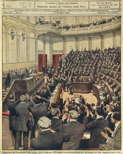 Wiedereröffnung des italienischen Parlaments am Abend des 22. Februar, Jubel der Armee nach erfolgreicher Kampagne in Libyen von Achille Beltrame