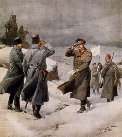 Wiederaufnahme des Krieges, Türkischer Parlamentarier kommt im bulgarischen Lager an und überbringt Nachricht über das Ende des Waffenstillstands, von Achille Beltrame, Illustration aus La Domenica del Corriere, 9. Februar von Achille Beltrame