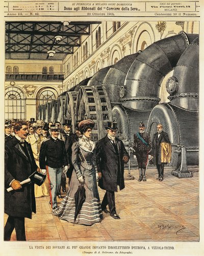 Königliche Besichtigung des größten Wasserkraftwerks Europas in Vizzola Ticino (Italien) von Achille Beltrame