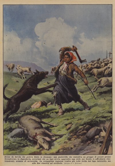 Eine Märchenszene, die in einem Drama enden konnte, eine Schäferin, die eine Schafherde hütete? von Achille Beltrame