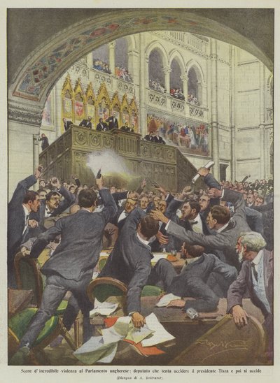 Unglaubliche Gewaltszenen im ungarischen Parlament, ein Abgeordneter versucht, den Präsidenten zu töten von Achille Beltrame
