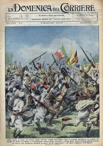 Freudenszene in Addis Abeba, Äthiopien, Rückkehr von Ras Hailou von großen Polizeieinsätzen. Parade zu Ehren des Duce (Benito Mussolini) und des Königs von Äthiopien. Illustration von Achille Beltrame in 