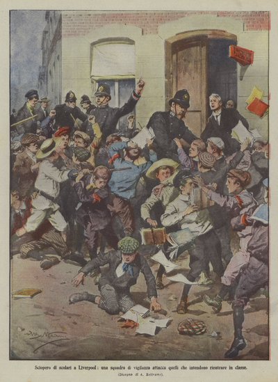 Schülerstreik in Liverpool, eine Überwachungsmannschaft greift diejenigen an, die in die Klasse zurückkehren wollen von Achille Beltrame