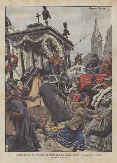 Makaberer Zusammenstoß, ein Auto überfährt einen Leichenwagen auf dem Weg zum Friedhof in Berlin von Achille Beltrame