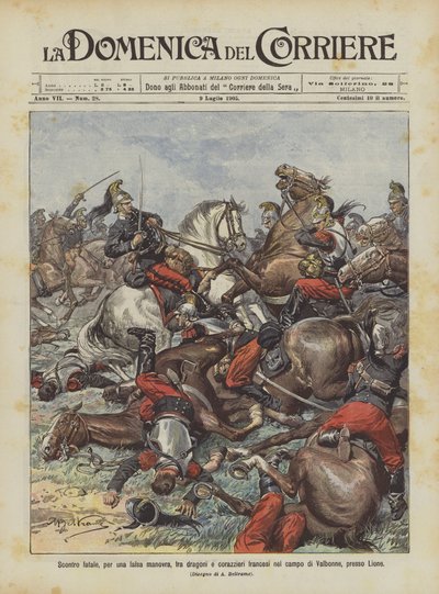Tödlicher Zusammenstoß zwischen Dragonern und französischen Kürassieren im Lager von Valbonne bei Lyon von Achille Beltrame
