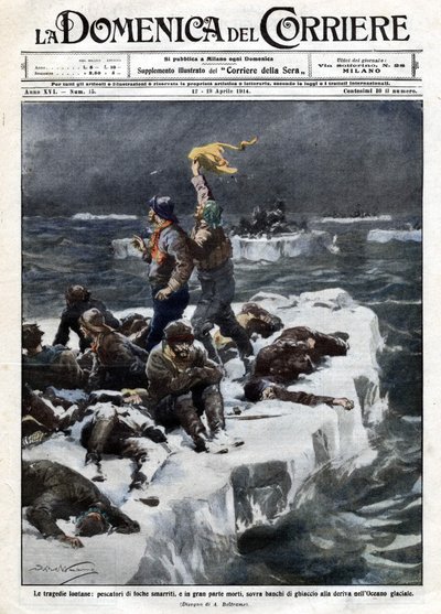 Robbenjäger, von denen einige starben, blieben auf dem treibenden Eis des Ozeans gestrandet. Ill. von Beltrame. „La Domenica del Corriere“. 12-19/04/1914. von Achille Beltrame