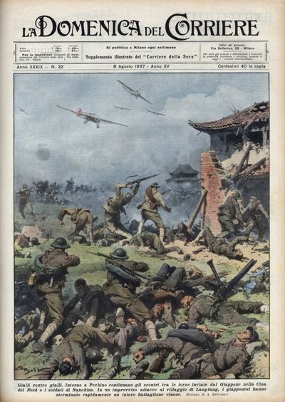 Zweiter Japanisch-Chinesischer Krieg (1937-1945): Zusammenstöße zwischen japanischen und chinesischen Waffen in der Nähe von Peking, die Japaner vernichten schnell ein ganzes chinesisches Bataillon. Illustration von Achille Beltrame aus 