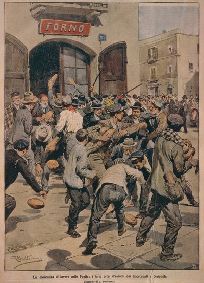 Schwere Arbeitskräftemangel in Apulien, Öfen werden von Cerignolas Arbeitslosen gestürmt, von Achille Beltrame, Illustration, Illustrator Achille Beltrame (1871-1945), aus La Domenica del Corriere, 20. Dezember 1908 von Achille Beltrame