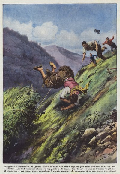 Ein großer Heuballen, den sie binden wollte, rollte plötzlich herunter von Achille Beltrame