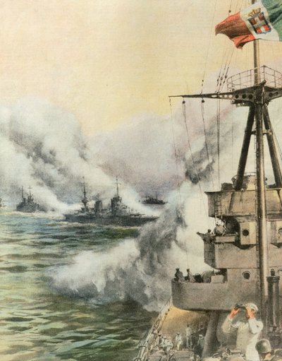 Von feindlichen Flugzeugen gesichtet, italienischer Konvoi setzt Rauchwand zur Schiffssicherung frei von Achille Beltrame