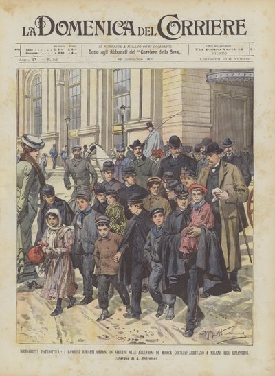Patriotische Solidarität, die Kinder, die nach den Überschwemmungen in Modica zu Waisen wurden von Achille Beltrame