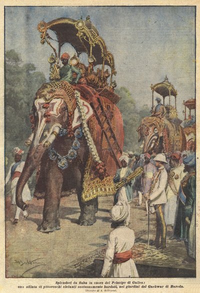 Märchenhafte Pracht zu Ehren des Prinzen von Wales, eine Parade malerischer Elefanten von Achille Beltrame
